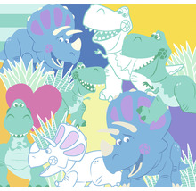 Ilustrație cu dinozauri și motive vegetale