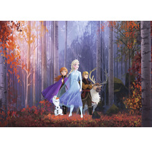 Reprezentare cu Anna, Elsa, Kristoff, renul Sven și omul de zăpadă Olaf într-o pădure.