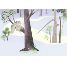 Ilustrație a unei scene de pădure cu un elefant și o figură într-un copac