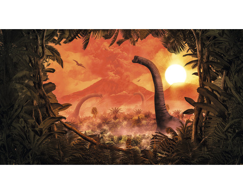 Fototapet vlies IAX10-0021 Into Adventure Brachiosaurus Panorama 500x280 cm Scenă cu dinozauri, vulcan și vegetație tropicală
