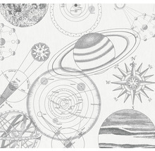 Ilustrație cu planete, stele, busolă și reprezentări ale sistemului solar