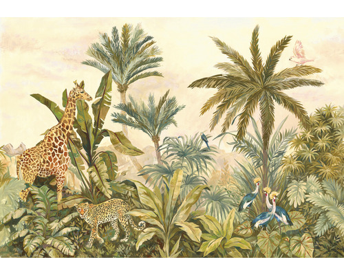 Fototapet vlies IAX8-0005 Into Adventure Tropical Vintage Garden 400x280 cm Ilustrație cu o scenă din junglă cu girafă, leopard și diferite specii de păsări