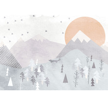 Ilustrație a unui peisaj montan cu copaci și lup