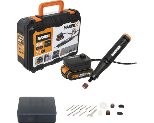 Polizor drept biax cu acumulator Worx MakerX WX739 20V max. 35000 rot./min., mandrină 3,2mm, 1 acumulator + 1 adaptor HubX, accesorii incluse