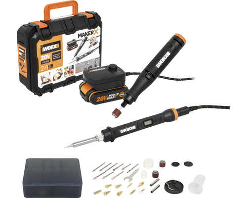 Set Worx MakerX WX988 ciocan de lipit WX744 și unealtă multifuncțională WX739.9, incl. încărcător și 1 acumulator 2Ah