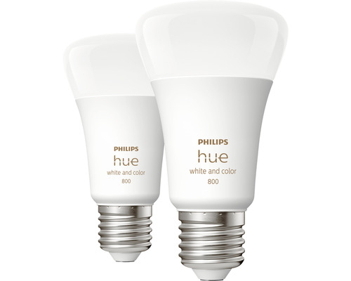 Becuri LED RGBW variabile Philips Hue E27 6,5W 800 lumeni, glob mat A60, Bluetooth, pachet 2 bucăți