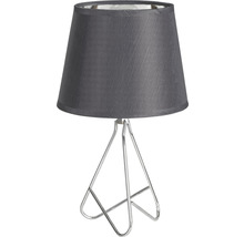 Lampă de masă cu abajur gri și bază metalică argintie