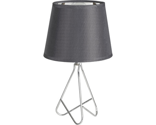 Lampă de masă cu abajur gri și bază metalică argintie