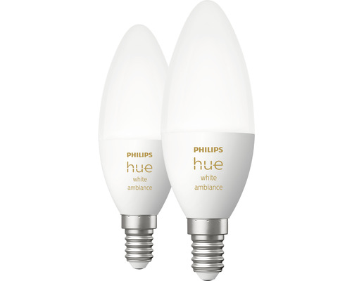 Becuri LED variabile Philips Hue E14 5,2W 320 lumeni, glob mat lumânare, lumină albă 2200-6500K, 2 bucăți