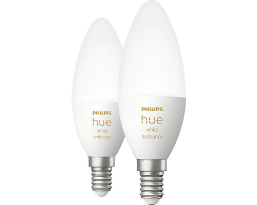 Becuri LED variabile Philips Hue E14 5,2W 320 lumeni, glob mat lumânare, lumină albă 2200-6500K, 2 bucăți Două becuri tip lumânare Philips Hue White Ambiance cu soclu E14