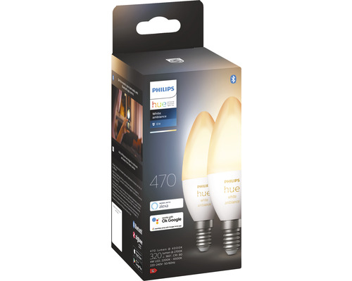Pachet dublu Philips Hue White Ambiance E14 în ambalajul produsului