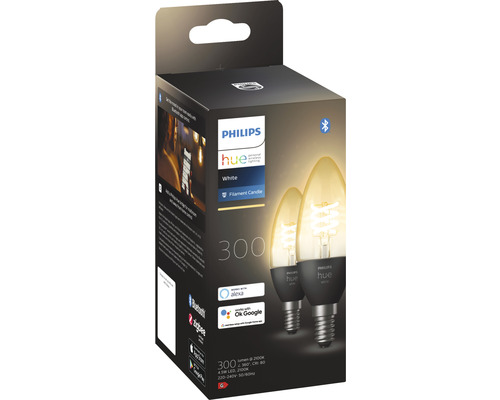 Ambalajul unui bec lumânare cu filament alb Philips Hue