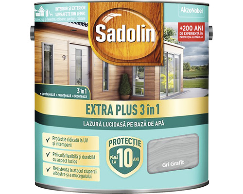 Lazură lucioasă pe bază de apă Sadolin Extra Plus 3 în 1 gri grafit 2,5 l