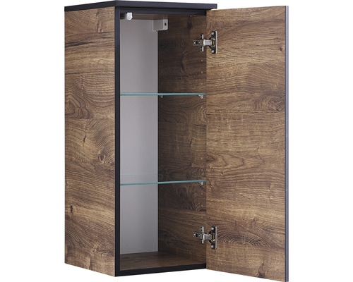 Dulap de oglindă deschis cu model de lemn și două rafturi de sticlă