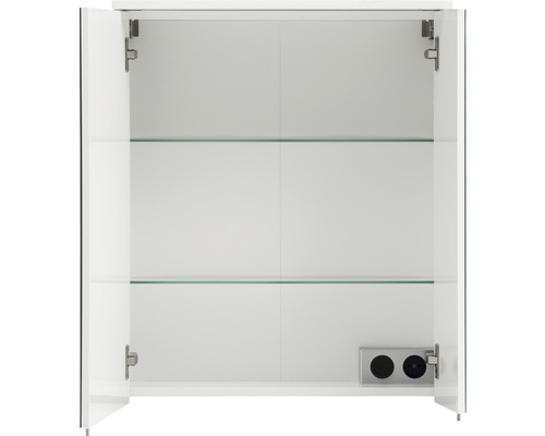 Dulap de baie cu oglindă deschis, cu rafturi de sticlă și prize