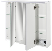 Dulap cu oglindă alb cu trei uși și rafturi din sticlă