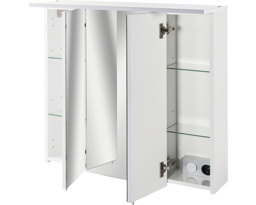 Dulap cu oglindă alb cu trei uși și rafturi din sticlă