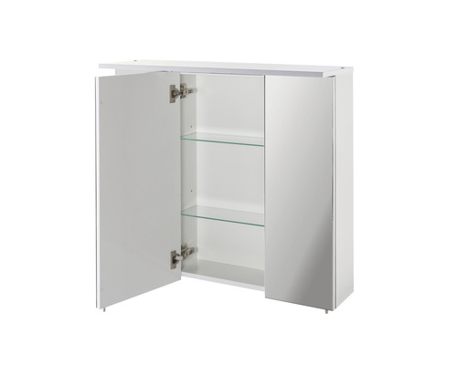 Dulap de oglindă alb deschis cu două rafturi de sticlă pentru baie