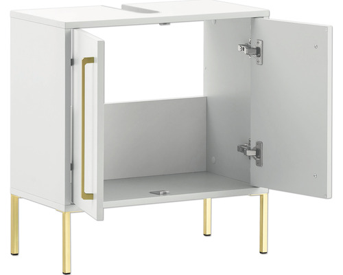 Dulap de bază pentru chiuvetă cu două uși deschise și picioare aurii