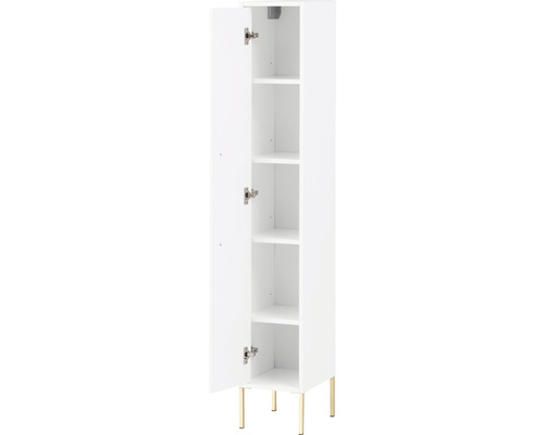 Dulap de baie alb cu ușă deschisă și picioare aurii