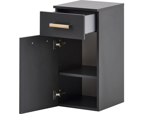 Dulap de baie cu un sertar și o ușă deschisă spre rafturi