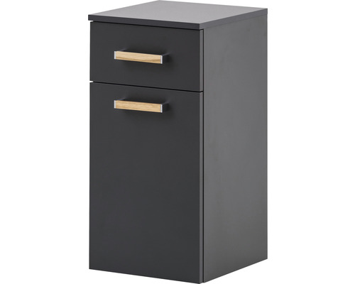 Dulap de baie gri închis cu două sertare și mânere din lemn