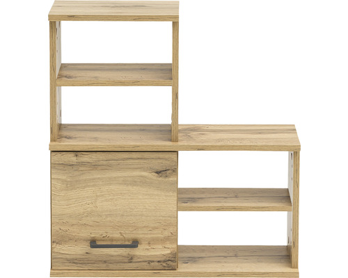 Raft din lemn cu ușă și mai multe compartimente deschise