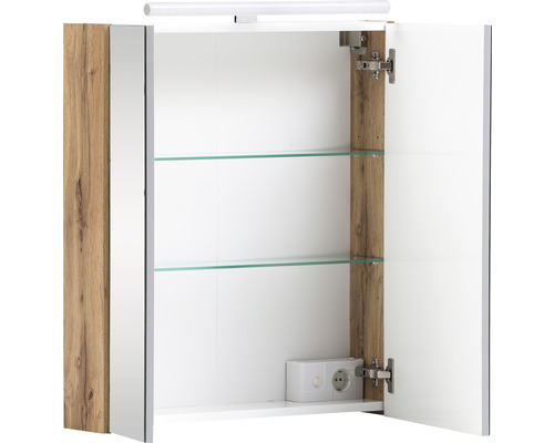 Dulap de oglindă deschis cu rafturi din sticlă, iluminat și priză