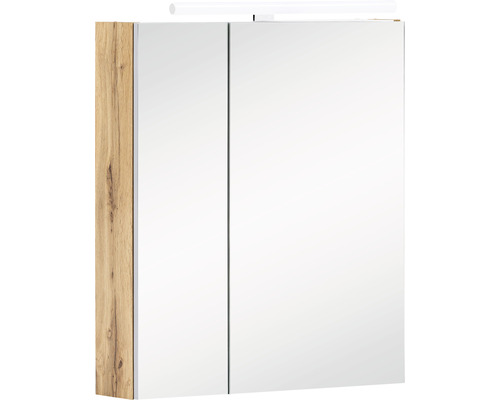 Dulap baie cu oglindă Karla, 2 uși, iluminare LED, PAL, 60x75 cm, stejar deschis