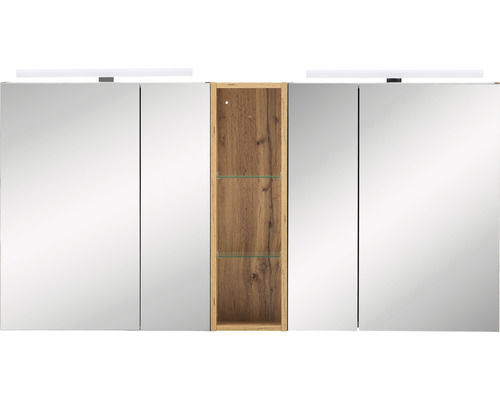 Dulap cu oglindă cu raft deschis din lemn și iluminare