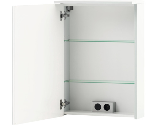 Dulap de oglindă alb deschis cu rafturi de sticlă și priză