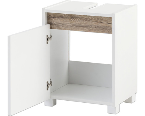 Dulap sub chiuvetă cu ușa deschisă pentru baie