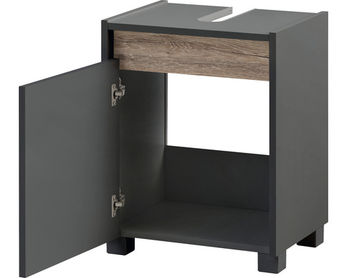 Dulap inferior de chiuvetă cu ușă deschisă și compartiment de depozitare