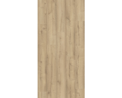 Montaj de podea laminată deschisă la culoare, cu aspect de lemn