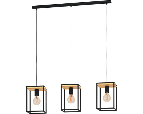Lampa suspendată cu trei lumini, design cubic, lemn și metal
