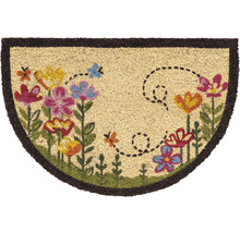 Covoraș de intrare semicircular cu model floral și motive cu insecte.