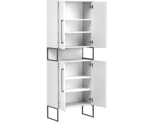 Dulap înalt alb cu uși deschise și mai multe rafturi