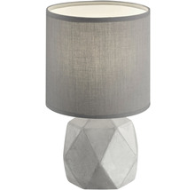 Lampă de masă cu abajur gri și bază geometrică din beton