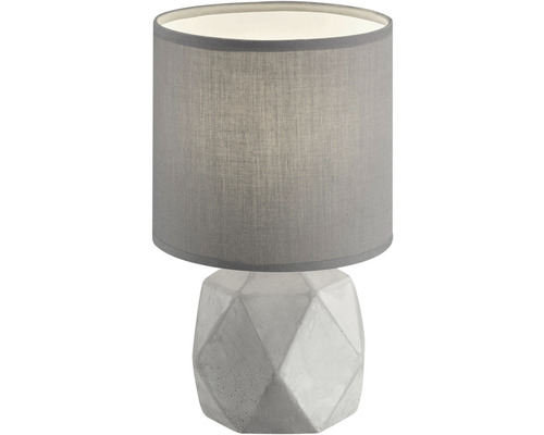 Lampă de masă cu abajur gri și bază geometrică din beton