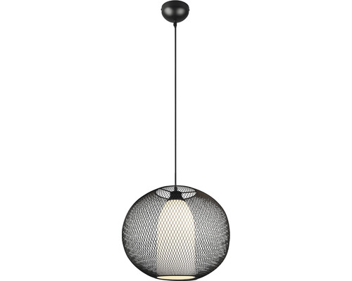 Lampa suspendată cu abajur sferic din plasă de sârmă.