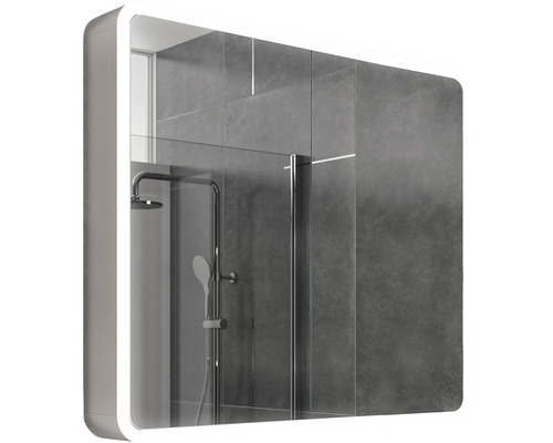 Dulap cu oglindă iluminată în baie cu duș