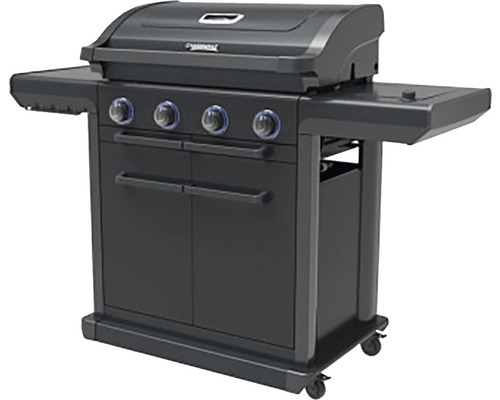 Grătar pe gaz cu patru arzătoare, rafturi și dulap inferior pentru exterior.