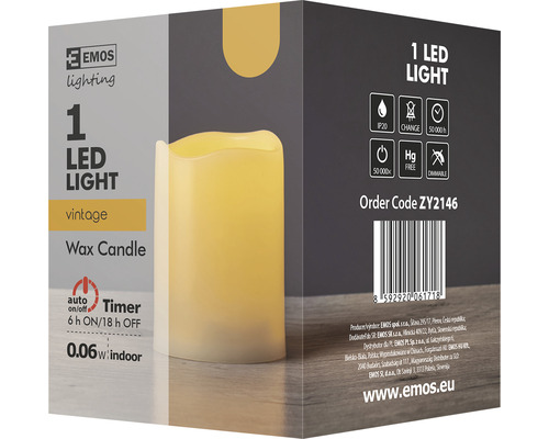 Logo Emos. Lumânare LED din ceară în ambalaj cu funcție de temporizare și grad de protecție IP20