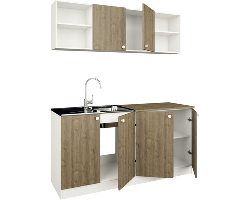 Bloc de bucătărie cu chiuvetă, robinet și dulapuri suspendate cu aspect de lemn