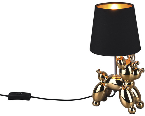 Lampă de masă decorativă în formă de câine balon auriu cu abajur negru.