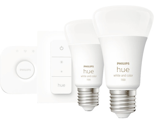 Set Philips Hue telecomandă+controller wireless și 2 becuri LED RGBW variabile E27 9W 806 lumeni, glob mat A60