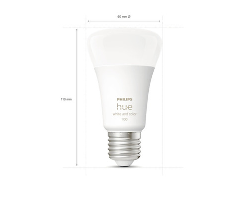 Bec Philips Hue cu dimensiuni de 60 mm în diametru și 110 mm înălțime