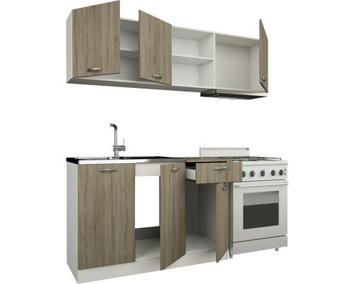 Set de bucătărie cu chiuvetă, aragaz, hotă și dulapuri