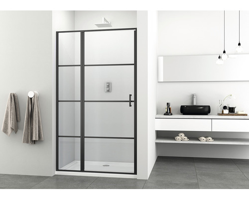 Ușă duș batantă Sanotechnik Elite Decor 120x195 cm sticlă transparentă profil negru