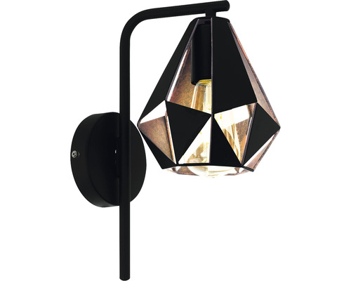 Aplică perete interior în jos vintage Carlton E27 max. 1x60W, negru/cupru Lampa de perete neagră în design geometric cu bec